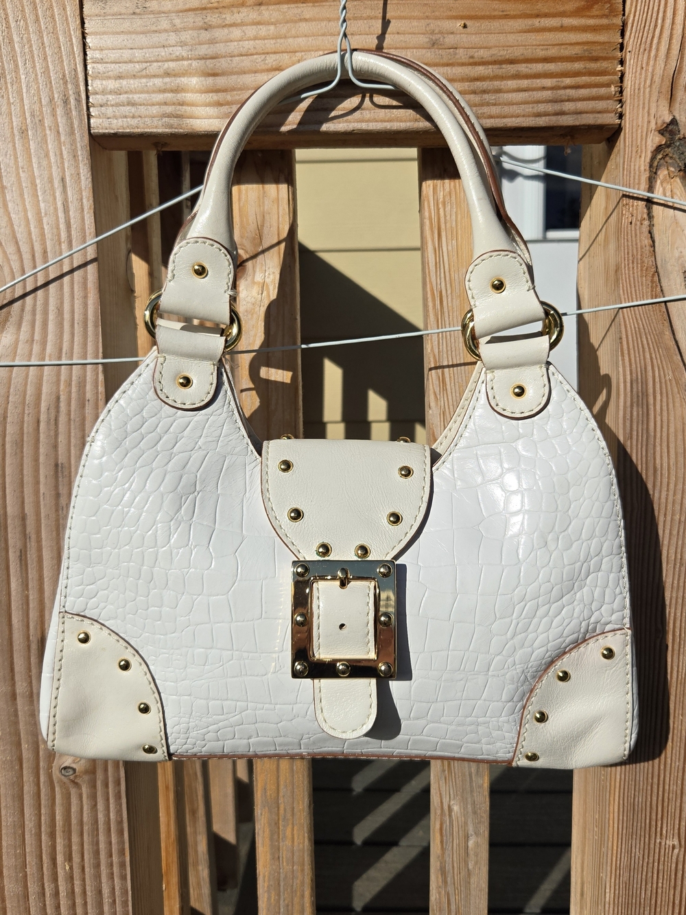 Michael Kors White Croc Embossed Leather Satchel Bag Gold Hardware Buckle Purse